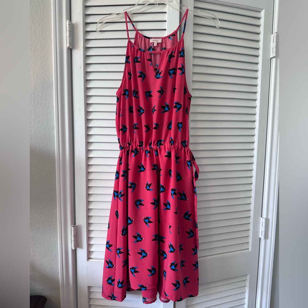 Pixley Sleeveless Summer Dress Origami birds Tie Waist Spaghetti Strap Small